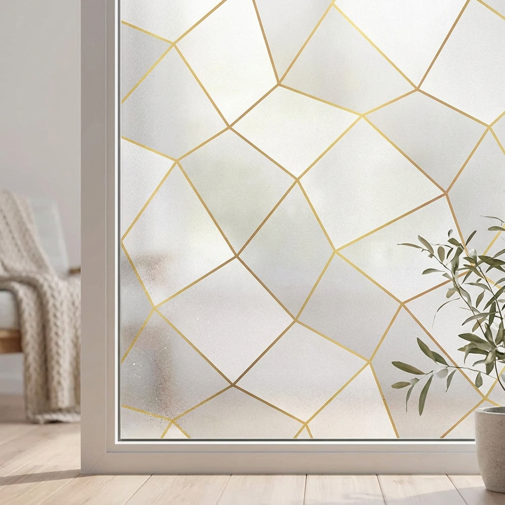 Fönsterfilm med geometrisk design i guldtoner