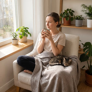 Woman with a coffee and a cat under a Waffle Weave Cotton Blanket in Stone