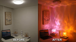 Room transformation before and after water ripple projection