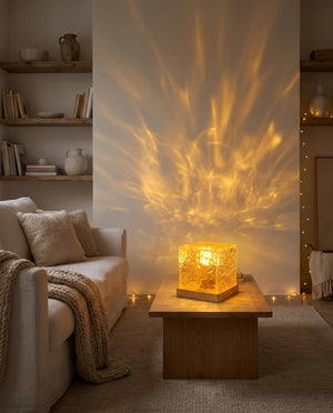Water ripple projection across dark Scandinavian living room