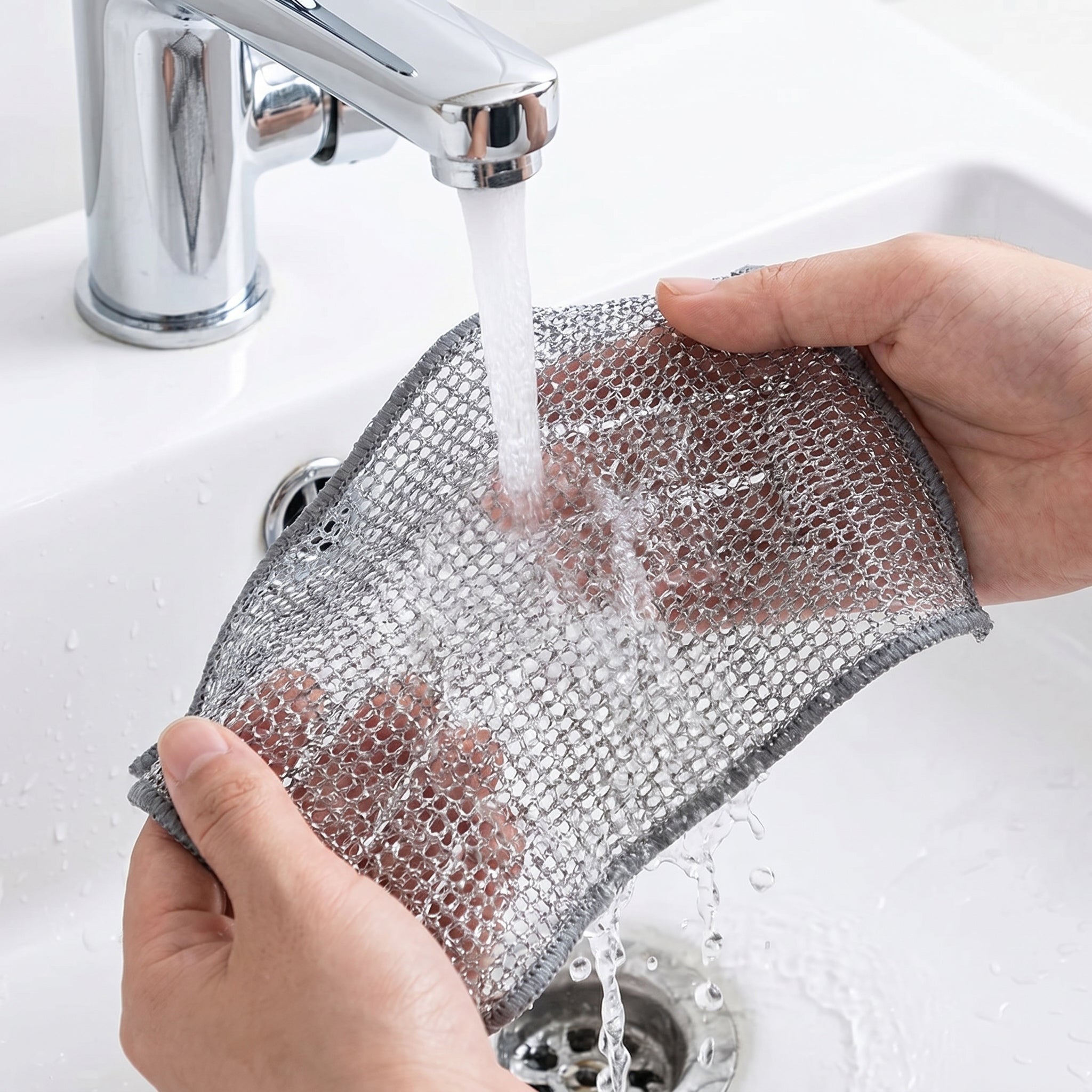 Metal scrubber rinsing clean under tap water | Livnorr