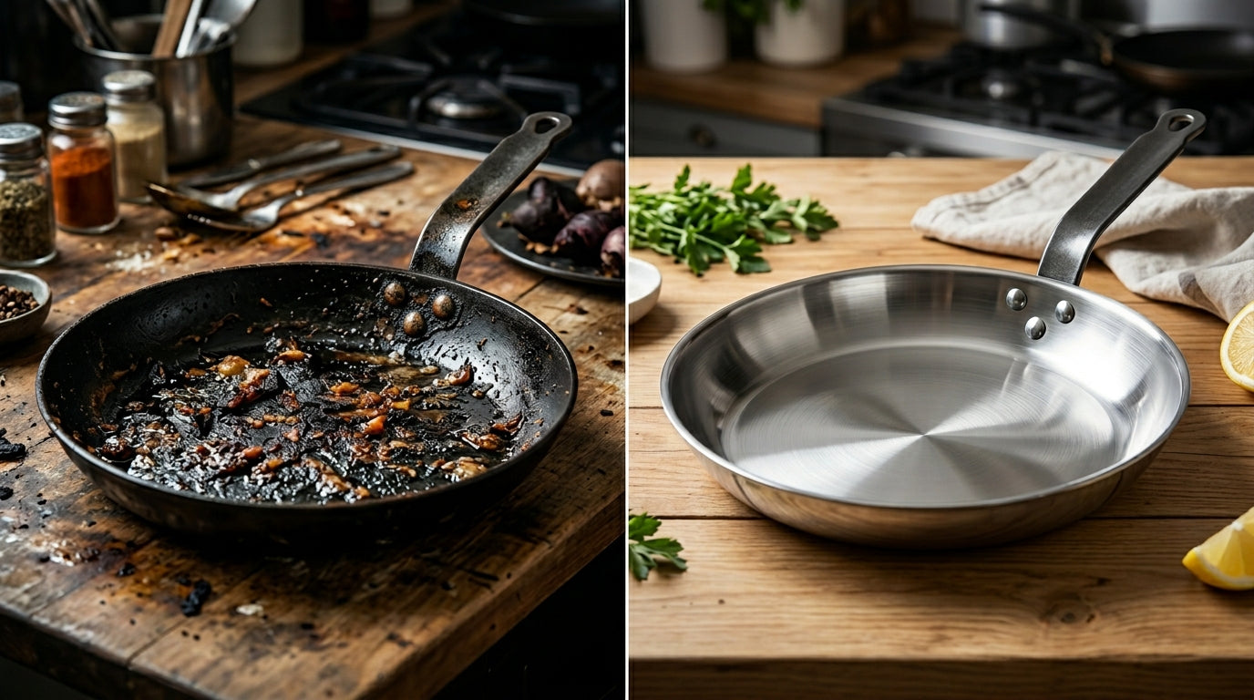Before and after: burnt greasy pan vs clean pan – metal scrubber | Livnorr