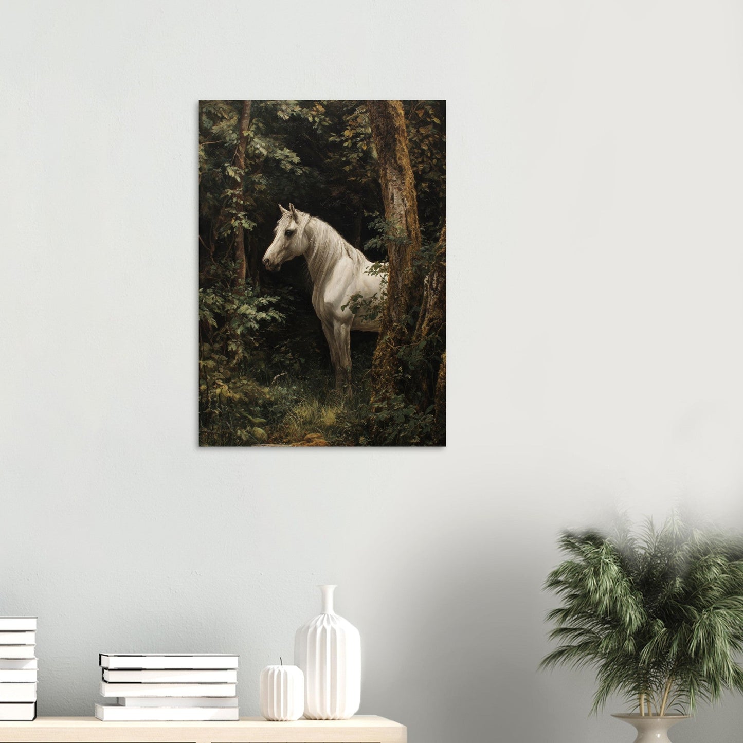 Quiet Presence – White Horse in Forest Art Poster