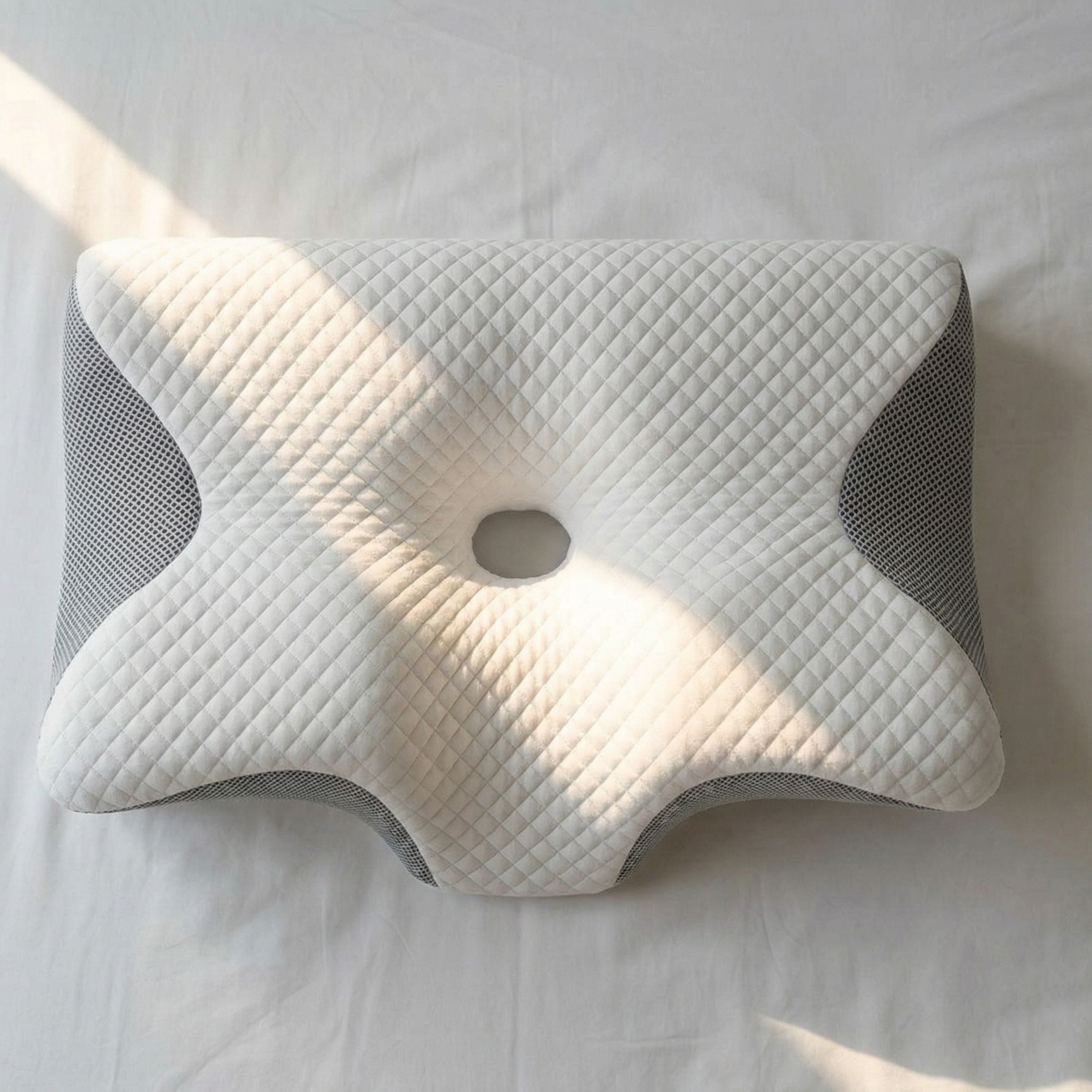 Cervical pillow alongside neutral bedroom accessories