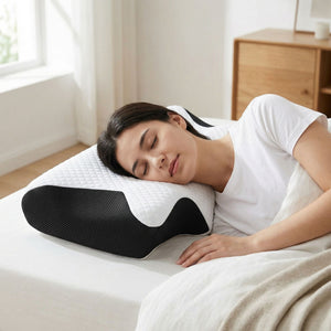 Cervical pillow with the washable cover removed to reveal the foam core