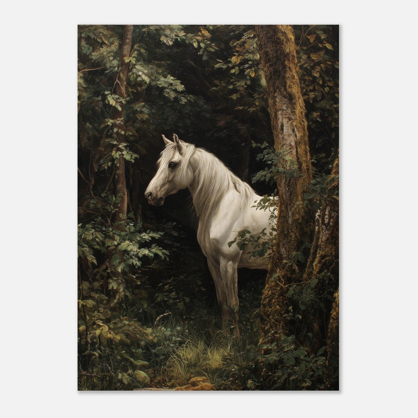 Quiet Presence – White Horse in Forest Art Poster