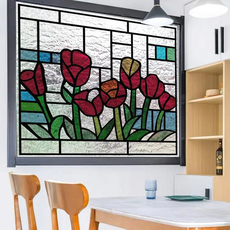 Fönsterfilm med färgstarka tulpaner och geometrisk design