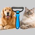 Pet grooming tool between a dog and a cat on a plain background