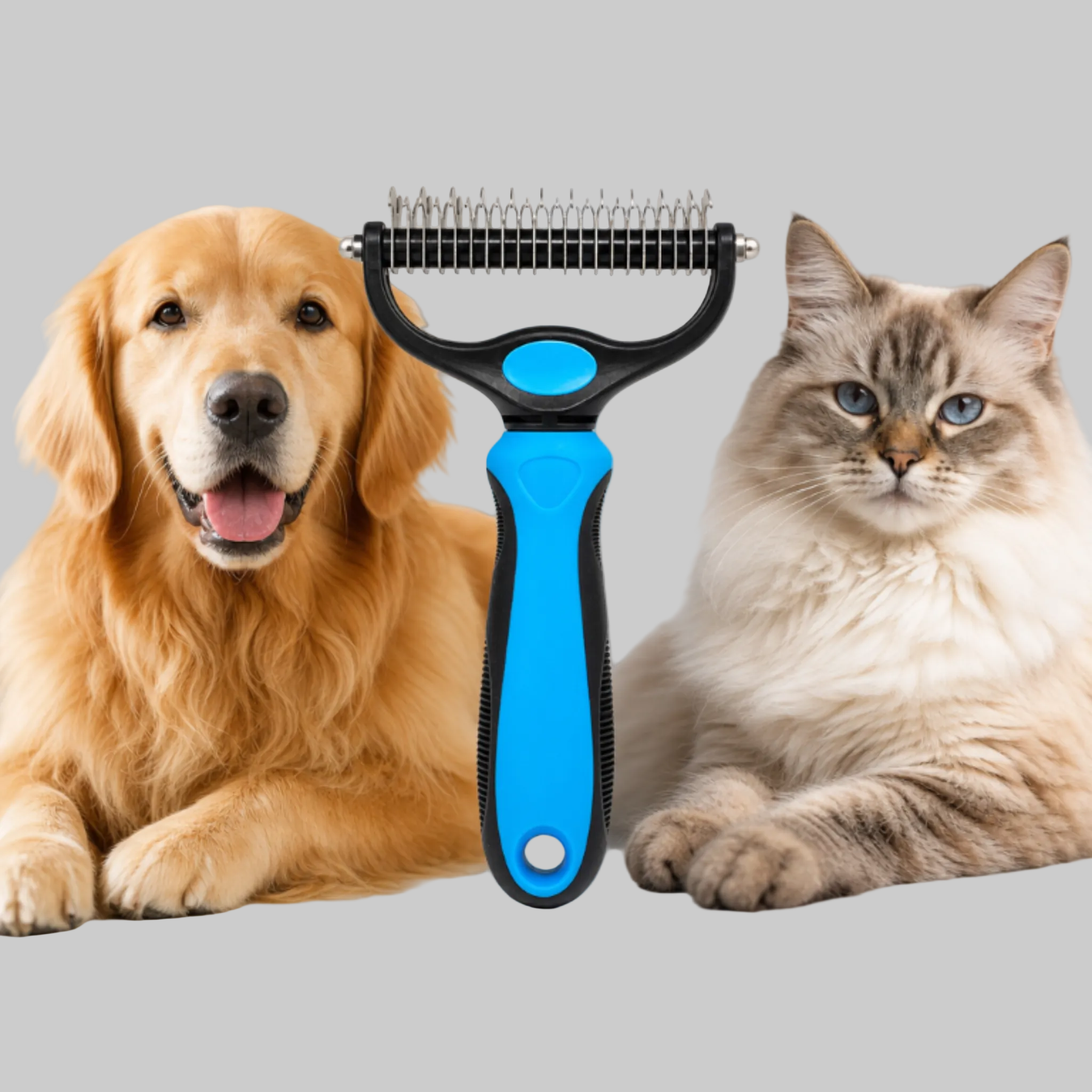 Pet grooming tool between a dog and a cat on a plain background