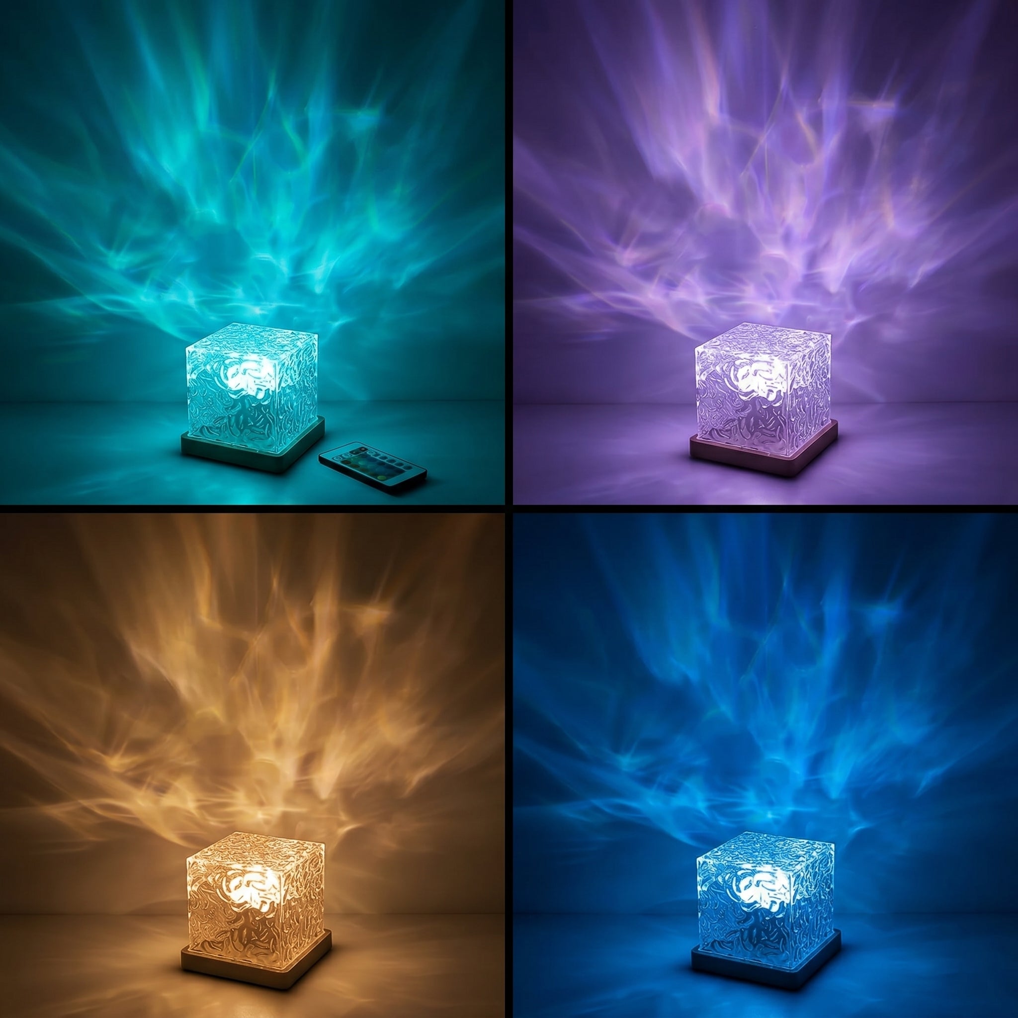 Four color modes of the aurora wave lamp – teal, violet, amber, blue