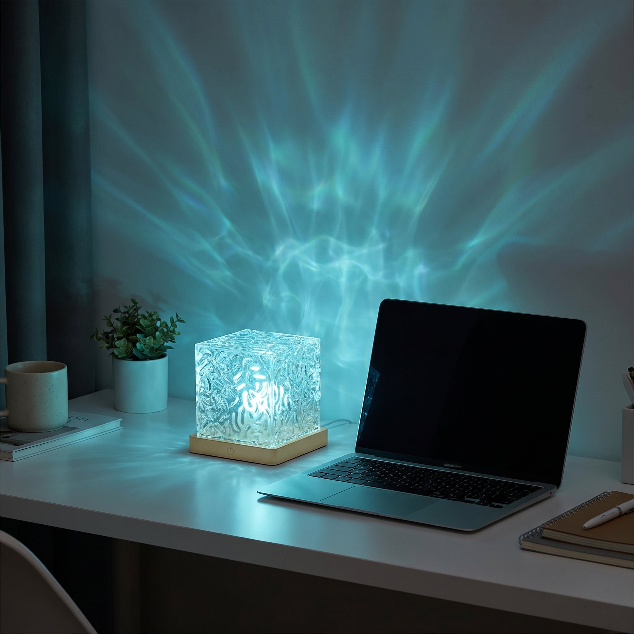 Aurora wave lamp on minimal desk beside laptop