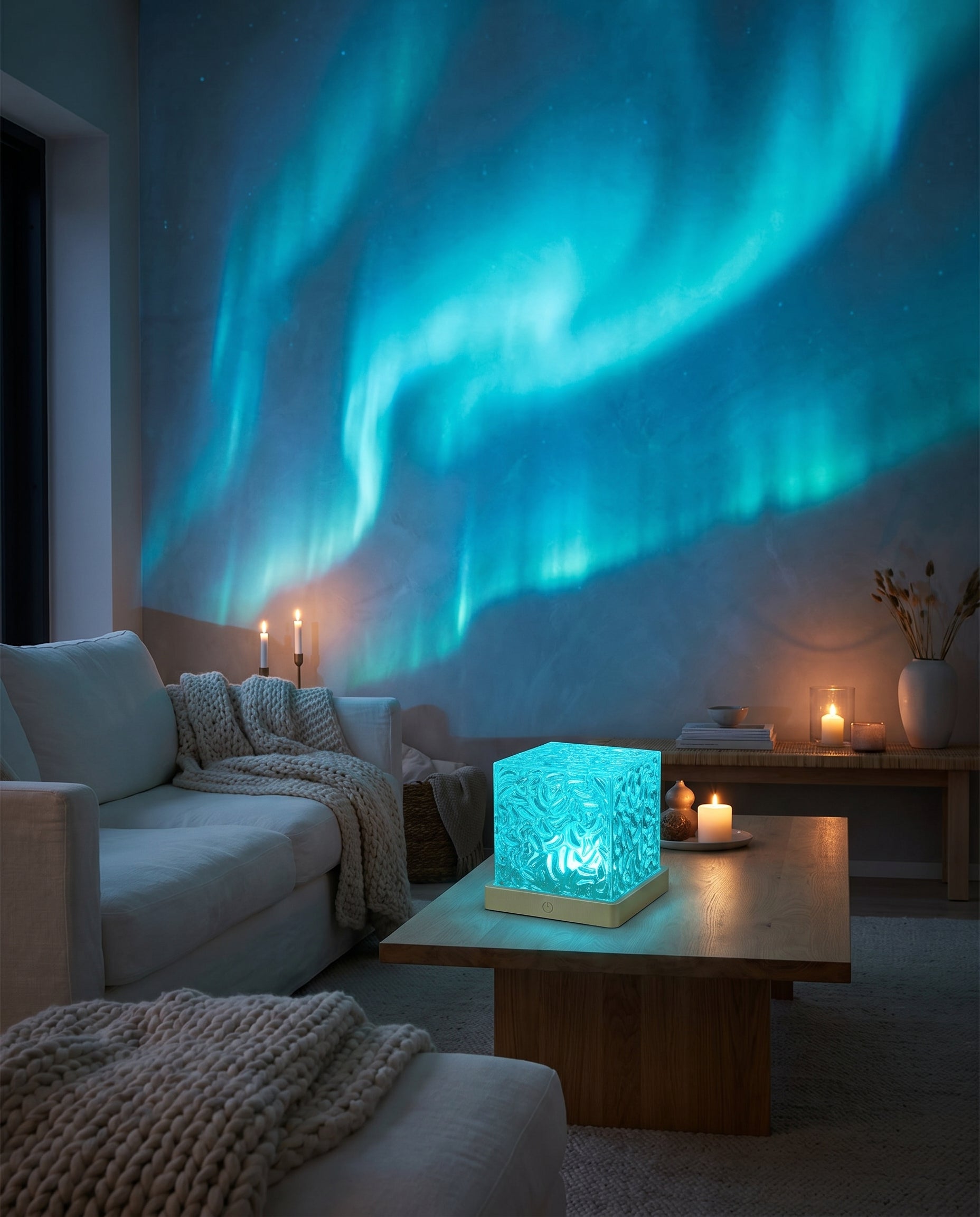 Aurora wave projection across dark Scandinavian living room