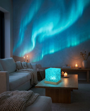 Aurora wave projection across dark Scandinavian living room