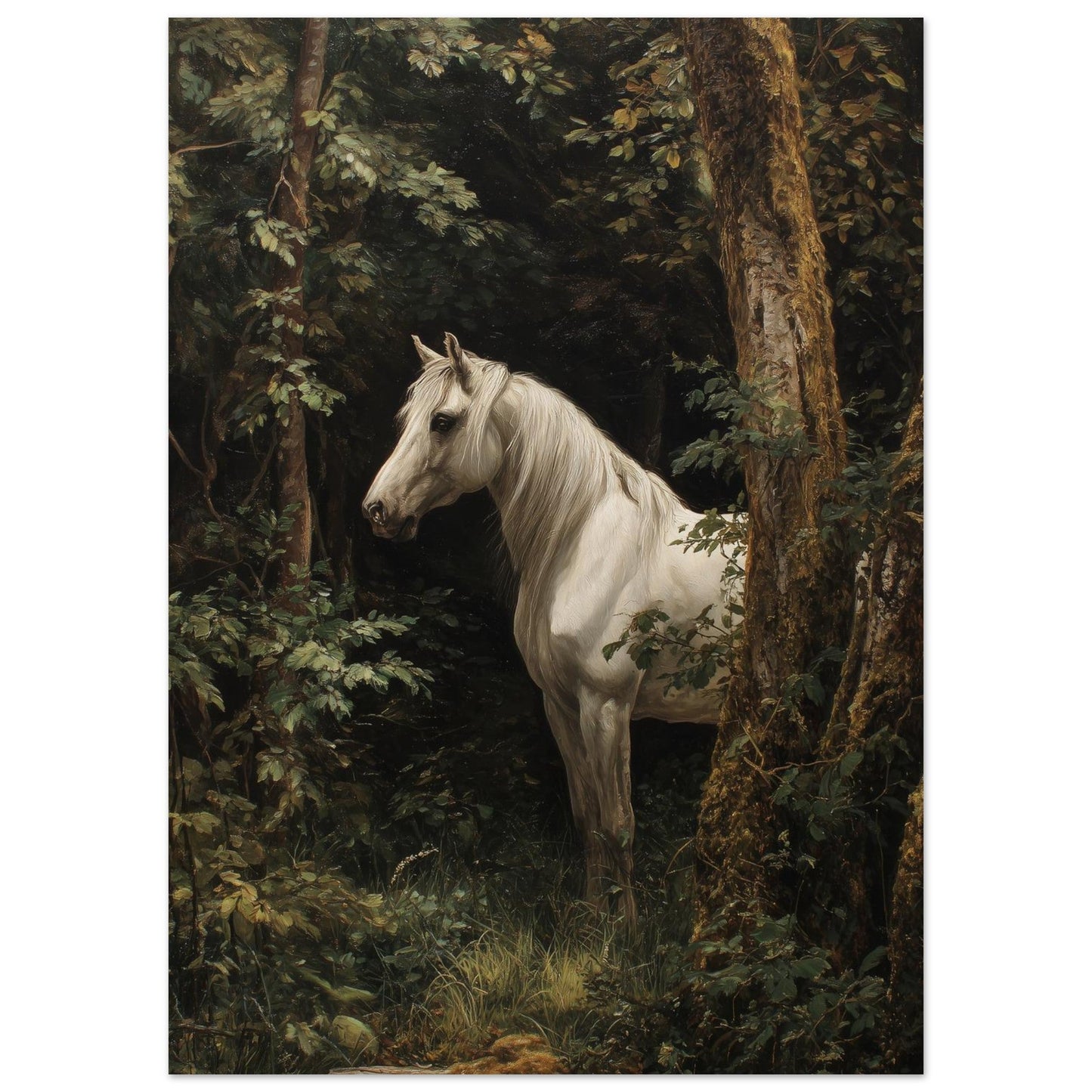 Quiet Presence – White Horse in Forest Art Poster