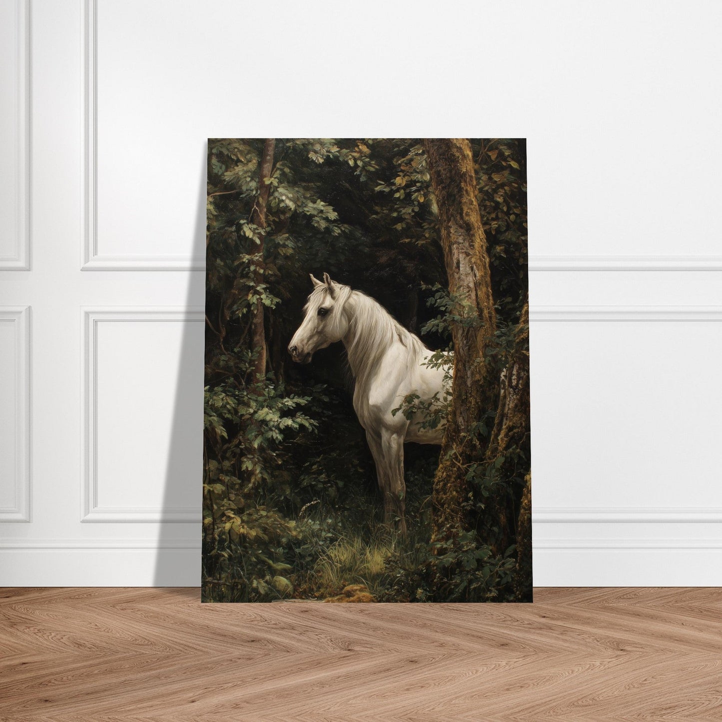 Quiet Presence – White Horse in Forest Art Poster