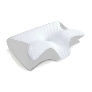 White cervical memory foam pillow front view on linen bedding