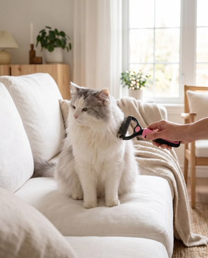 Long-haired cat being groomed with Livnorr pink dematting rake on white linen sofa, Scandi interior