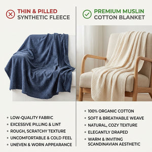 Side-by-side comparison: synthetic fleece blanket vs Livnorr muslin cotton throw blanket