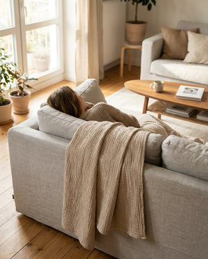 Person wrapped in Livnorr muslin cotton throw blanket on sofa — cozy lifestyle