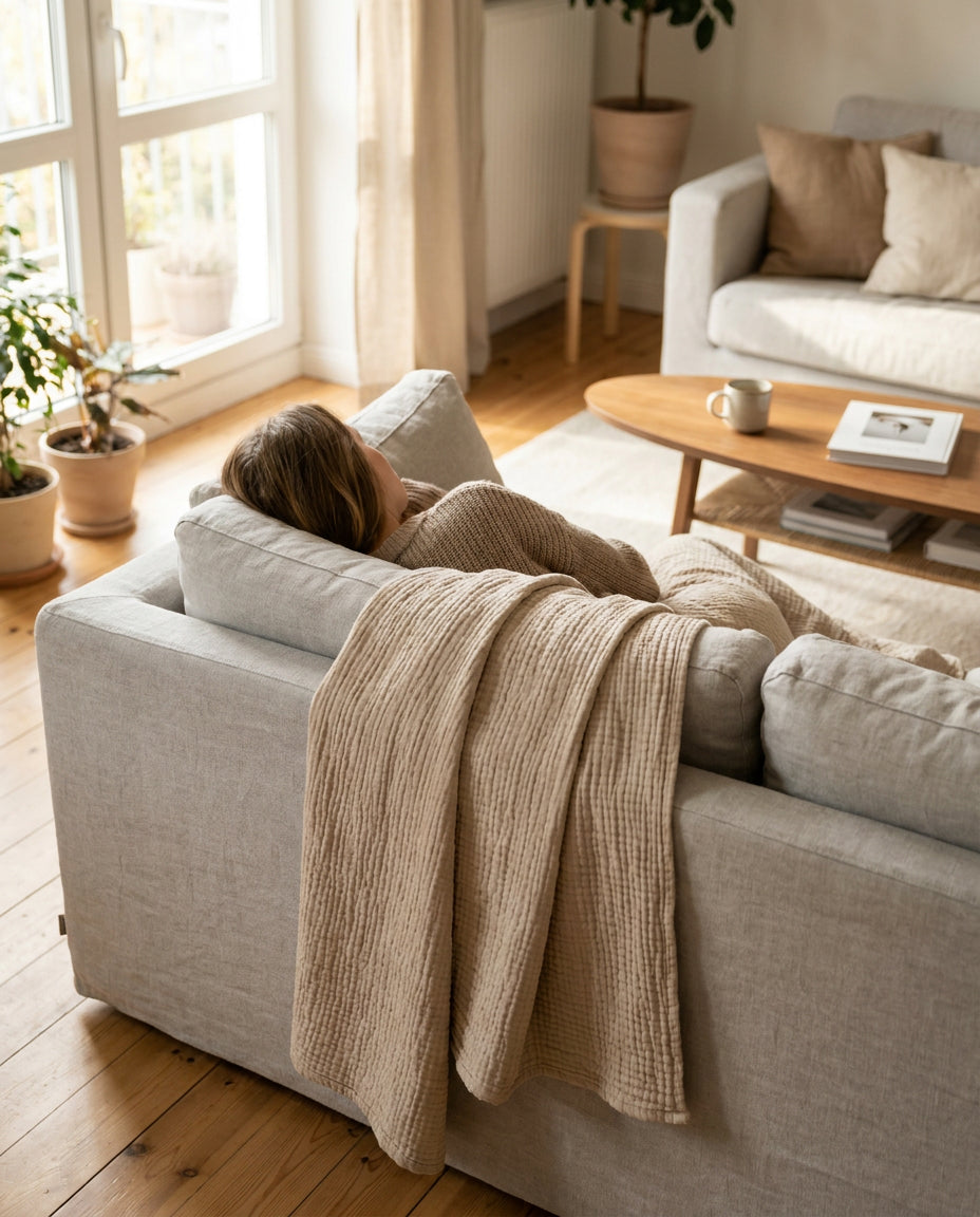 Person wrapped in Livnorr muslin cotton throw blanket on sofa — cozy lifestyle