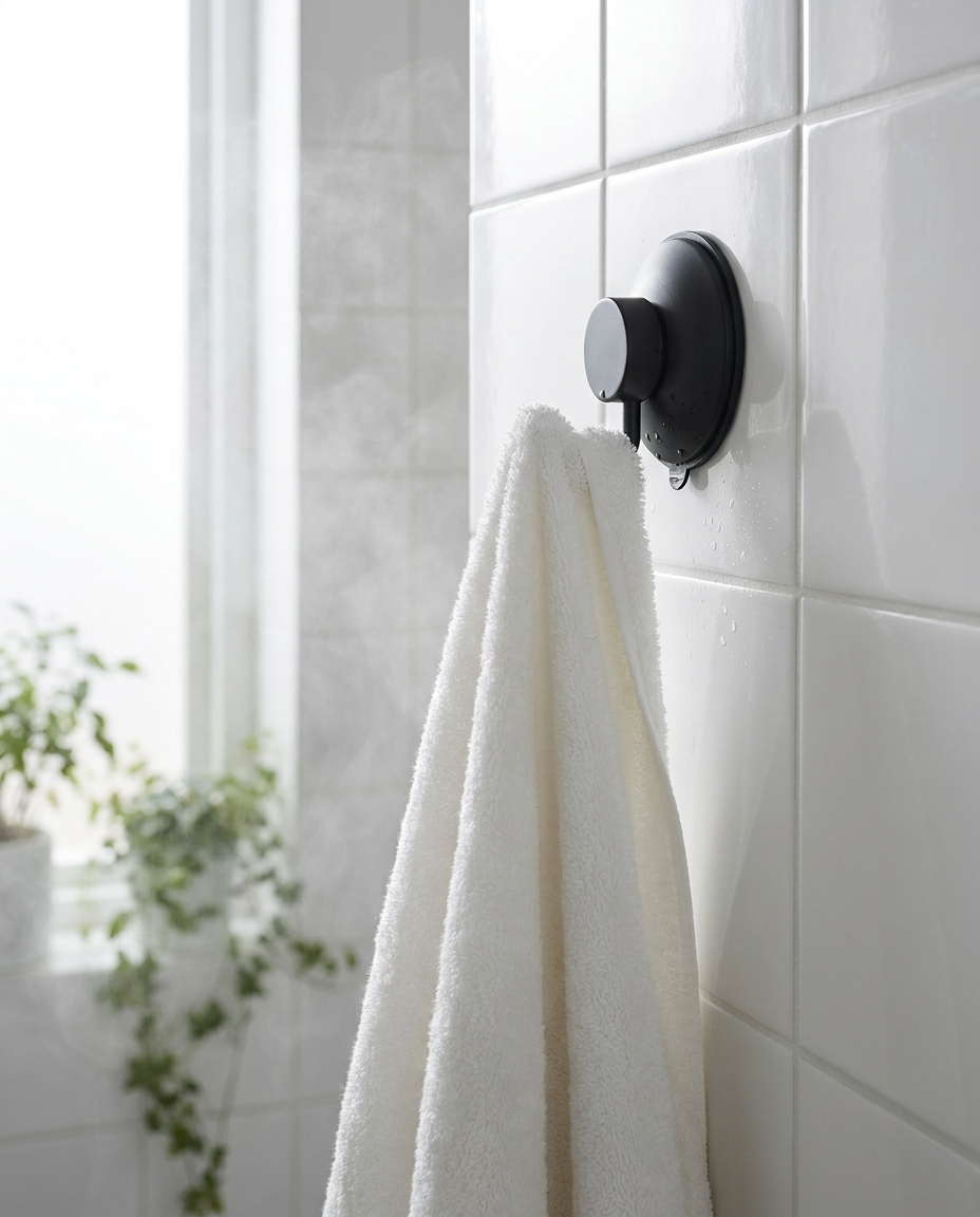 Matte black Livnorr suction hook holding heavy white bath towel on wet ceramic tile — holds firm in bathroom steam