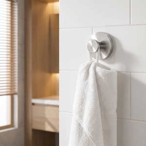 Livnorr brushed silver suction hook on white tile wall holding white towel