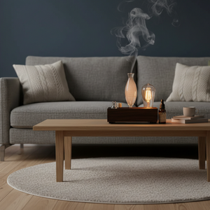 Vintage glass essential oil diffuser with aromatic mist in a modern living room