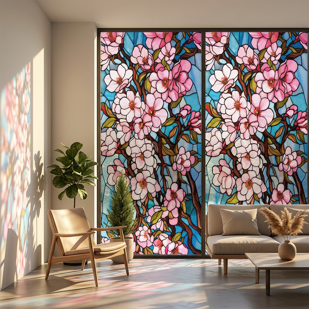 Fönsterfilm – Körsbärsblommor med effekt av blyinfattat glas