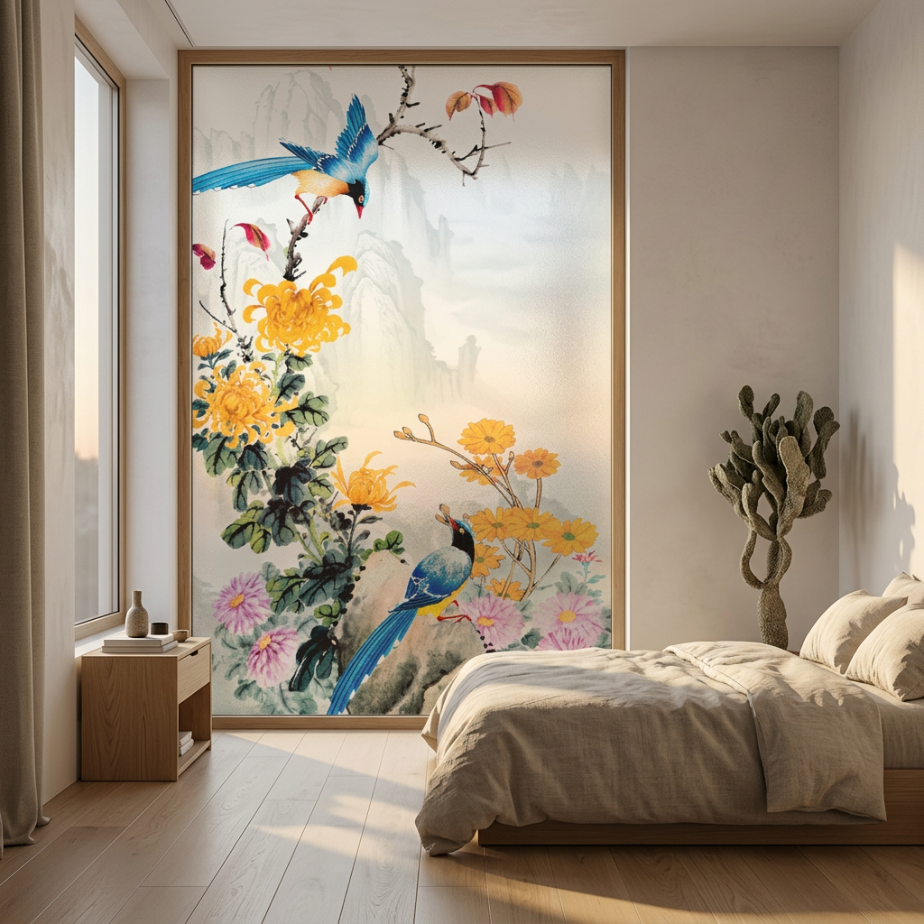 Fönsterfilm – Asiatisk naturmålning med fåglar & blommor