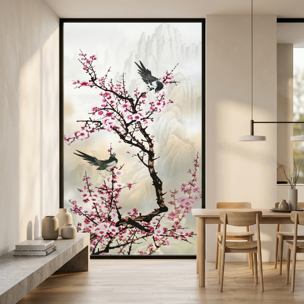 Fönsterfilm – Asiatisk naturmålning med fåglar & blommor