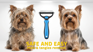 Before and after: matted dog fur vs smooth coat after using Livnorr dematting rake