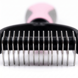 Close-up macro of stainless steel dematting rake teeth — precision metalwork for mat removal