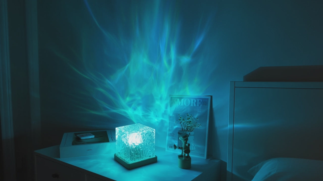 Aurora waves slowly filling a Scandi bedroom wall – atmosphere video