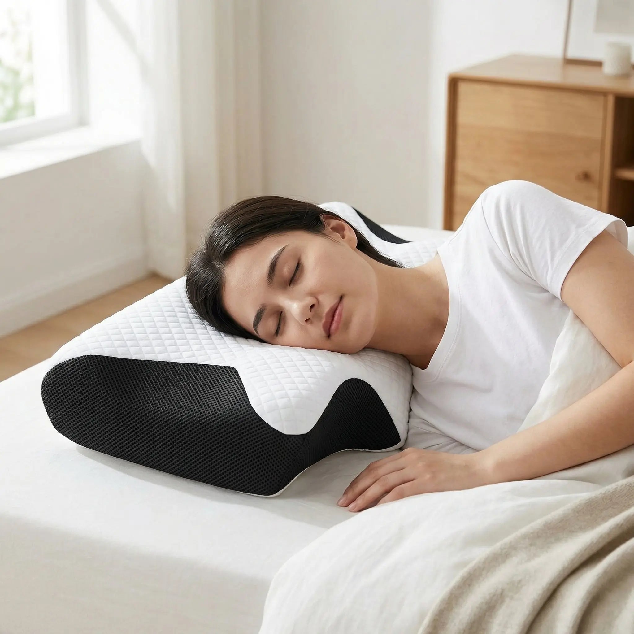 Person sleeping on their side with the cervical pillow filling the shoulder gap