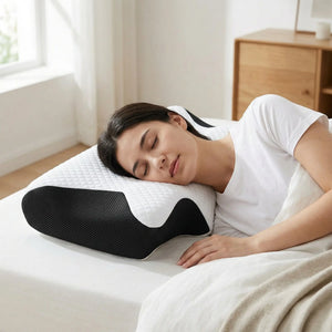 Person sleeping on their side with the cervical pillow filling the shoulder gap