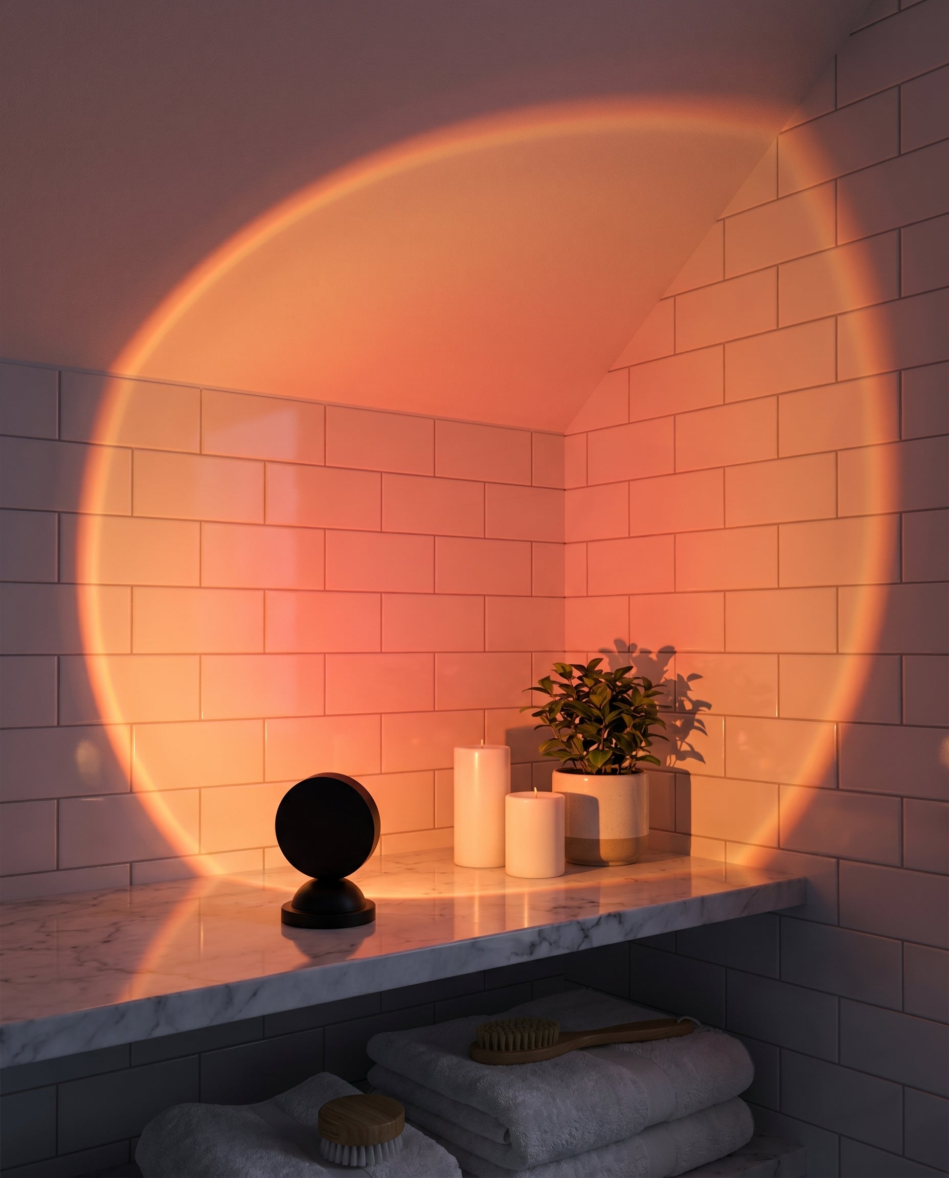 Sunset Projection Light creating spa mood in Scandinavian bathroom