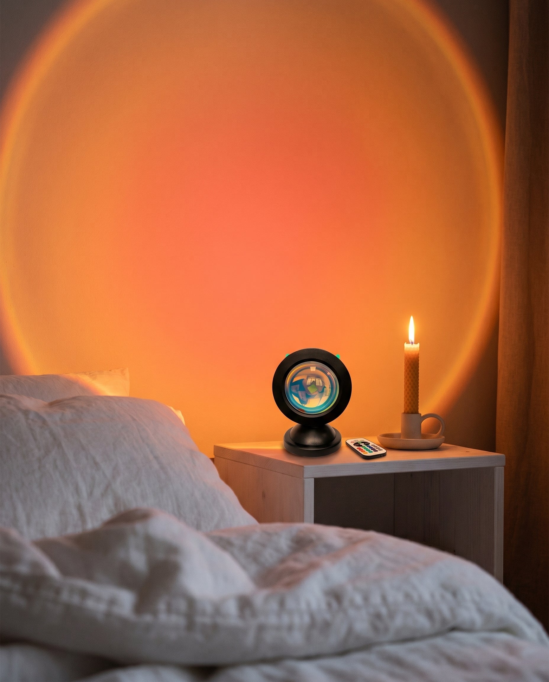Sunset Projection Light on nightstand in dark Scandinavian bedroom