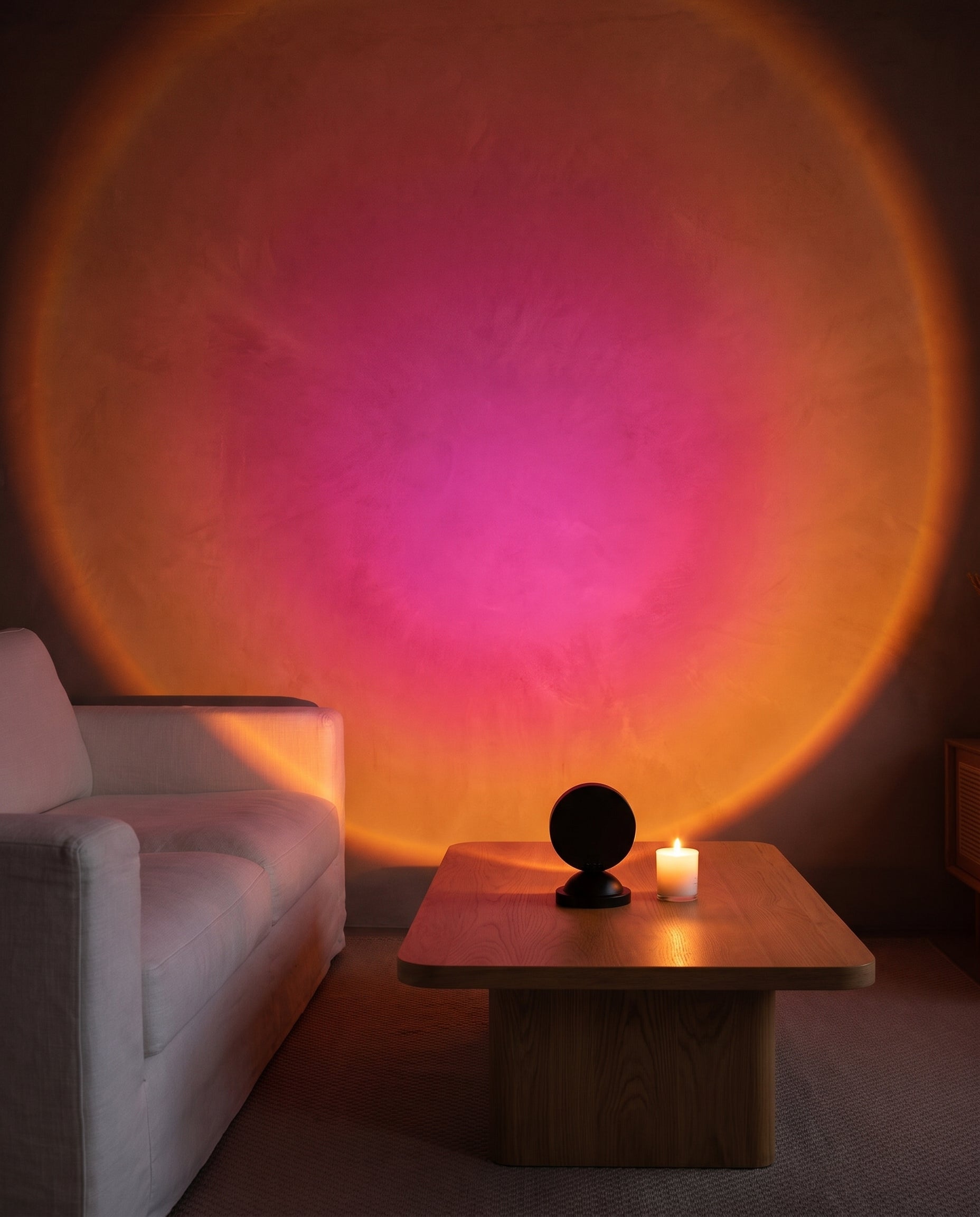 Sunset projection across dark Scandinavian living room