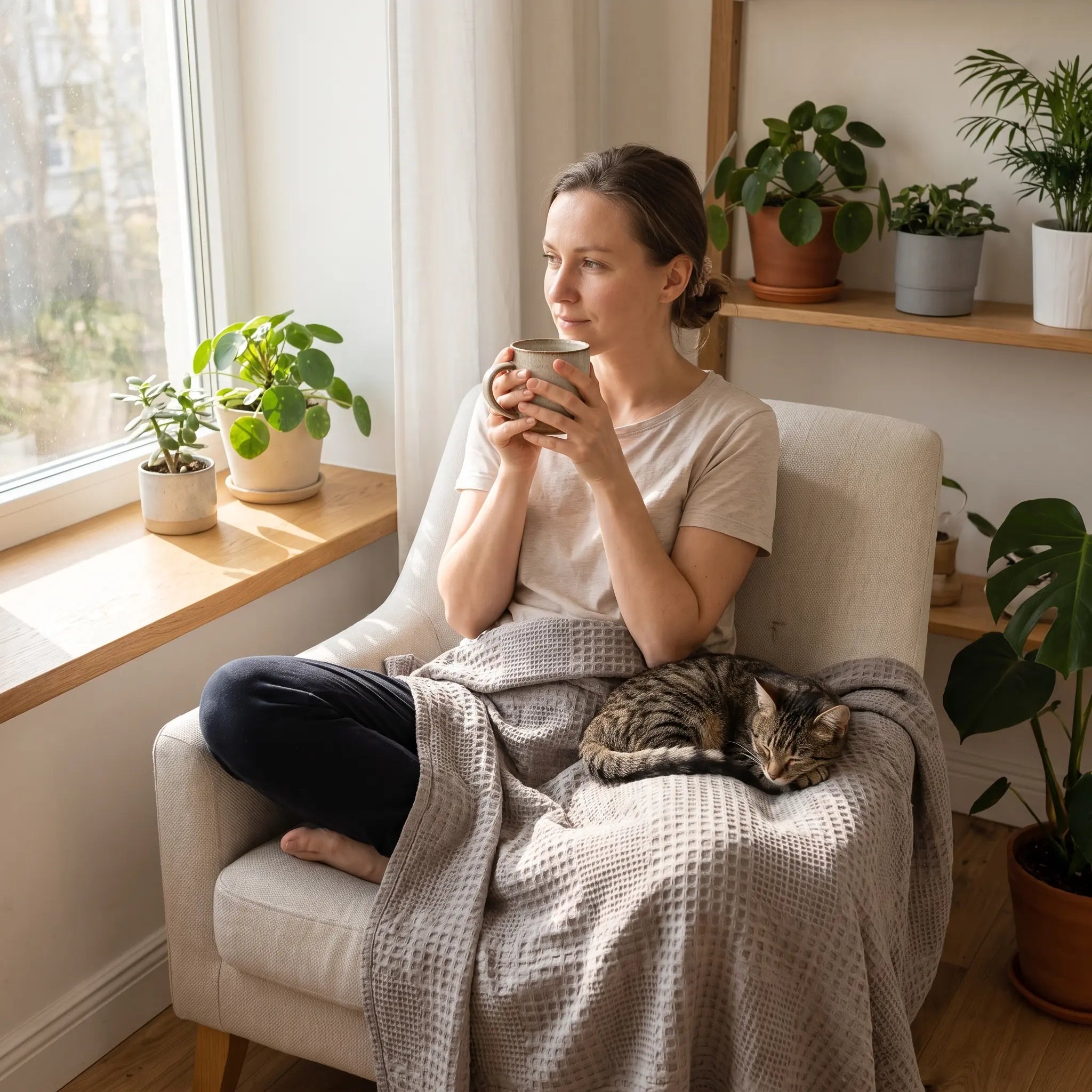 Woman with a coffee and a cat under a Waffle Weave Cotton Blanket in Stone