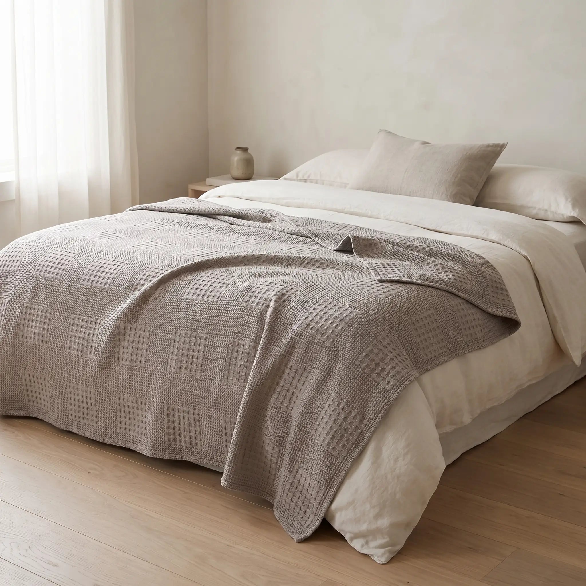 Waffle Weave Cotton Blanket draped across a double bed in a Scandinavian bedroom