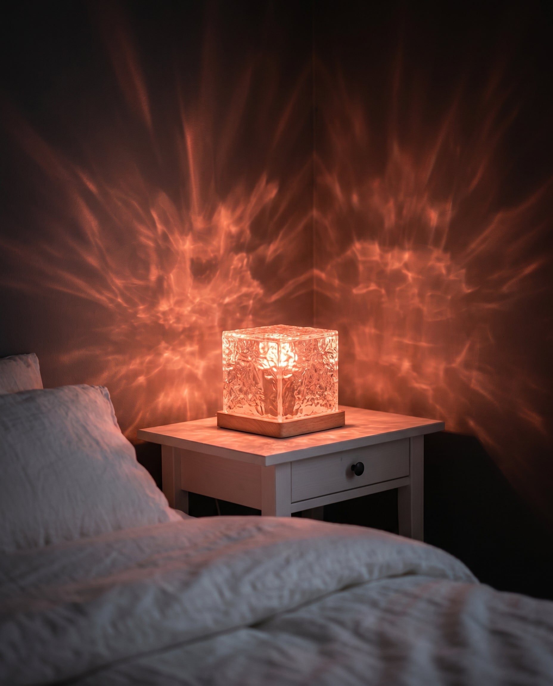 Water ripple lamp glowing coral in a dark Scandinavian bedroom