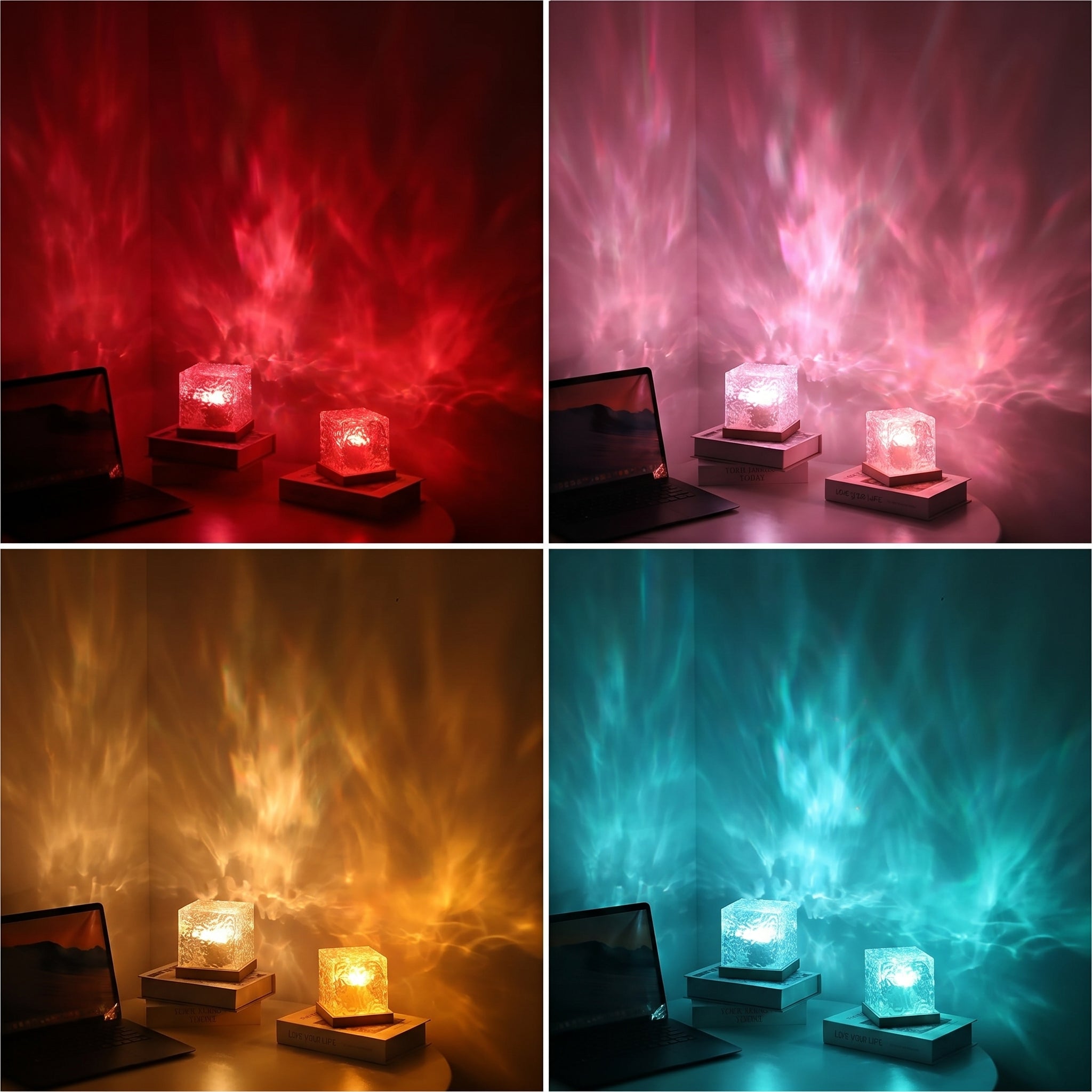 Four color modes of the water ripple lamp – red, pink, amber, blue