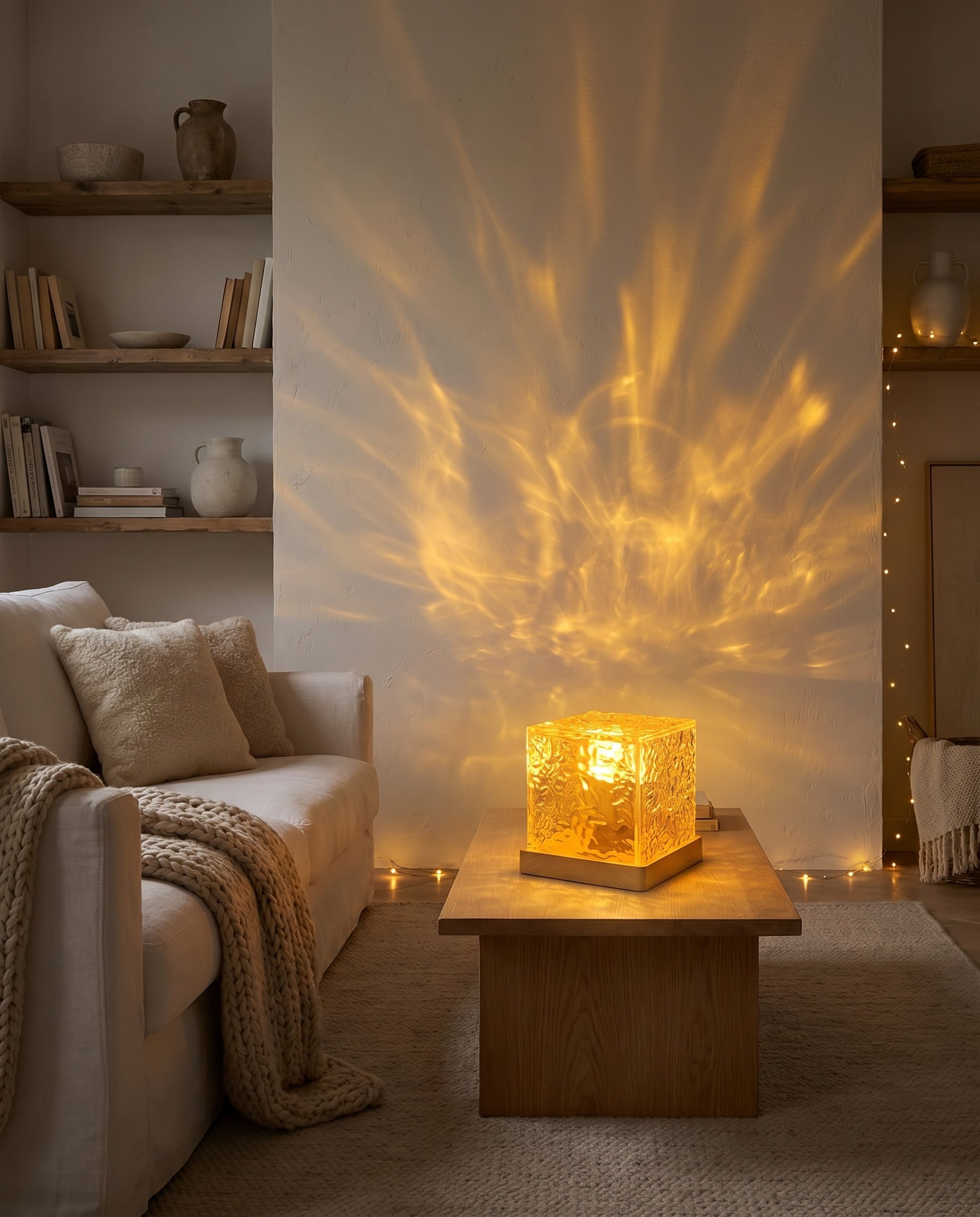 Water ripple projection across dark Scandinavian living room
